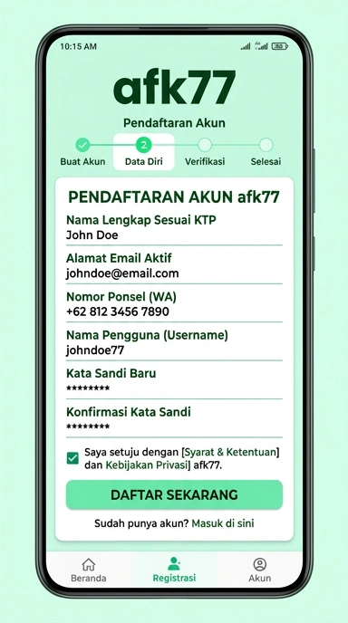 Tampilan halaman daftar afk77