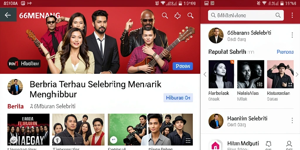Tampilan utama aplikasi 66MENANG menampilkan berita selebriti terkini.